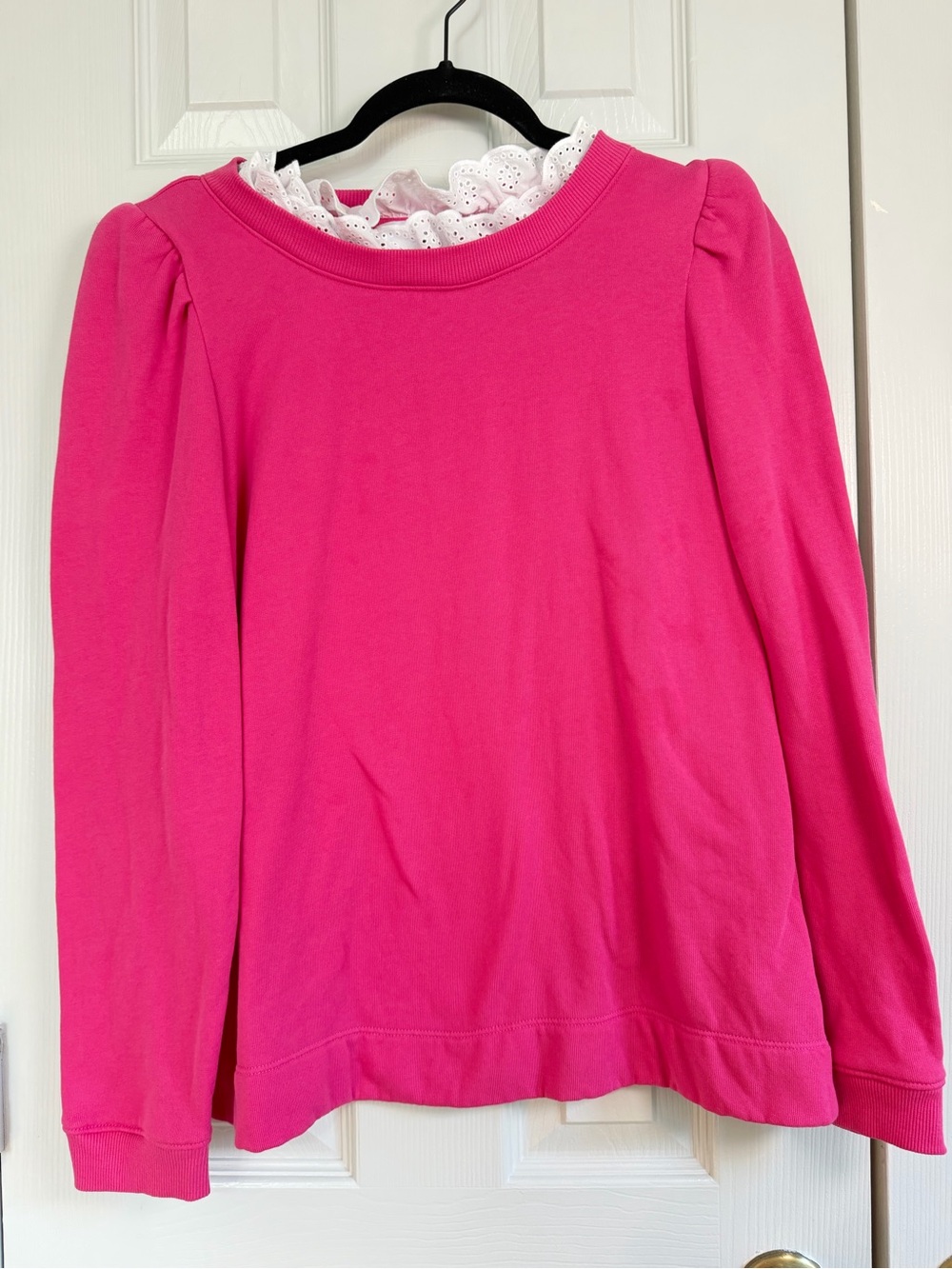 Crown & Ivy Pink Eyelet Ruffle Collar Puff Sleeve Sweatshirt L preppy teacher